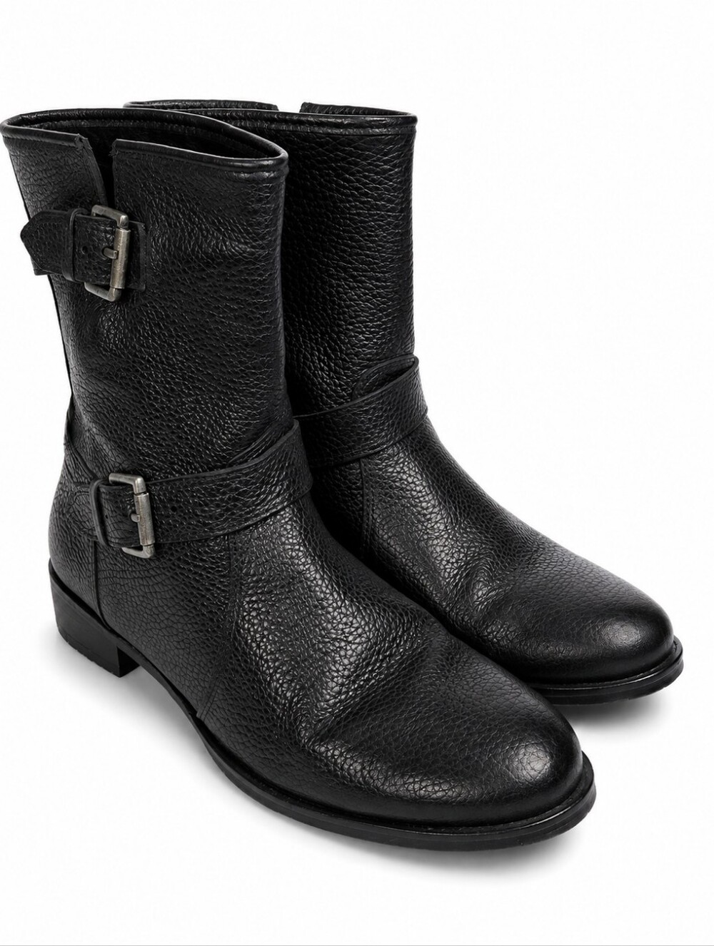 J.Crew Black Pebble Leather Moto Engineer Boots Double Buckle Size 9